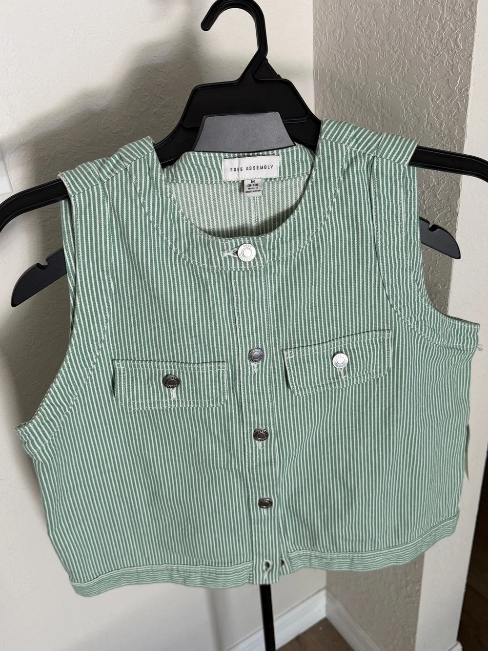 Women's Green Striped Button-Front Denim Vest